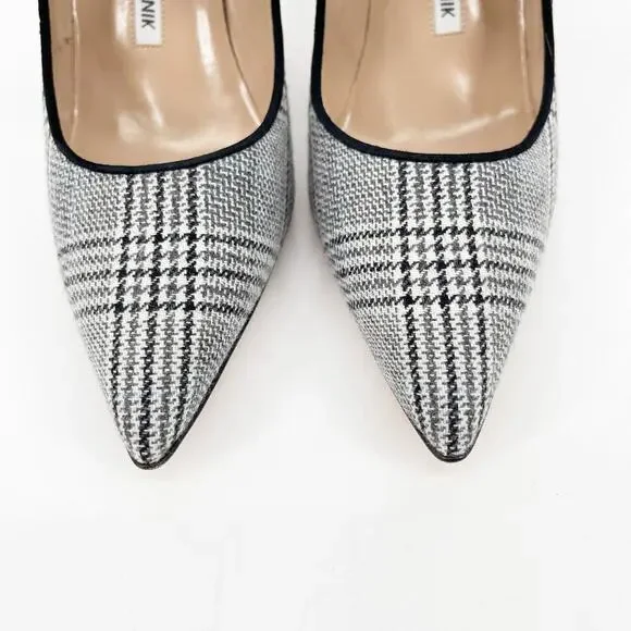 Manolo Blahnik Campari Houndstooth Wool Black Trim Mary Jane Heels Pumps IT 37.5 - Picture 6 of 11